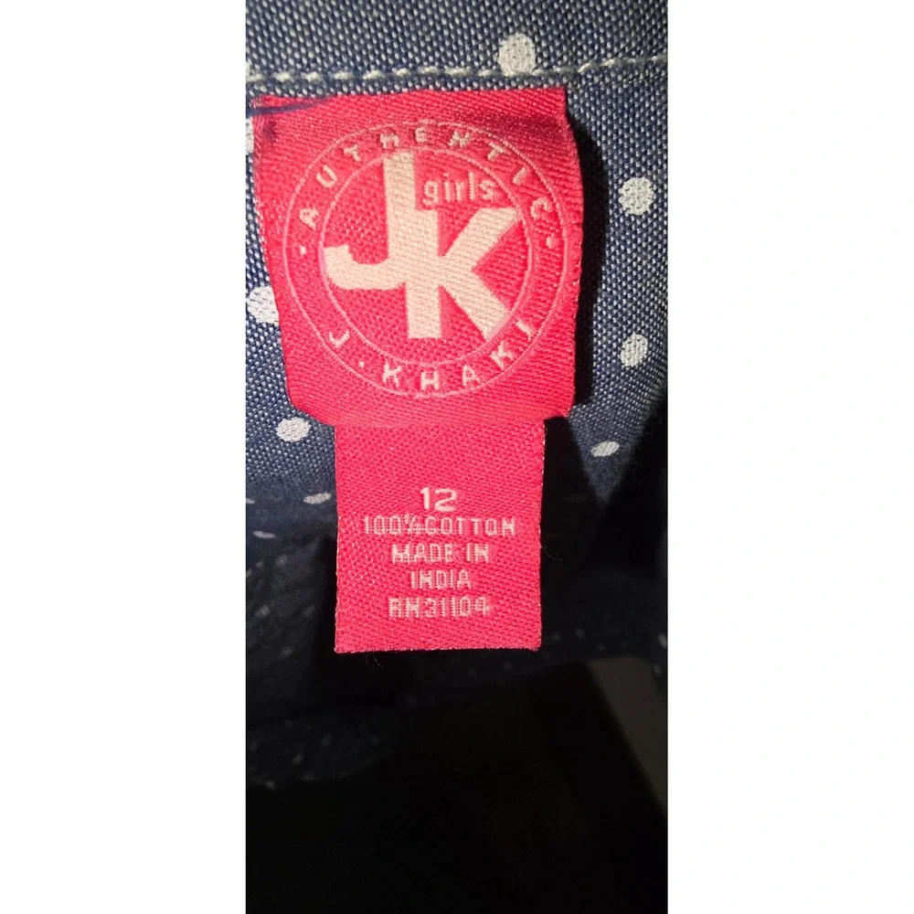 J. Khaki Girls Blue Polka Dot Denim Dress Size 12 Cotton Button Front Pockets